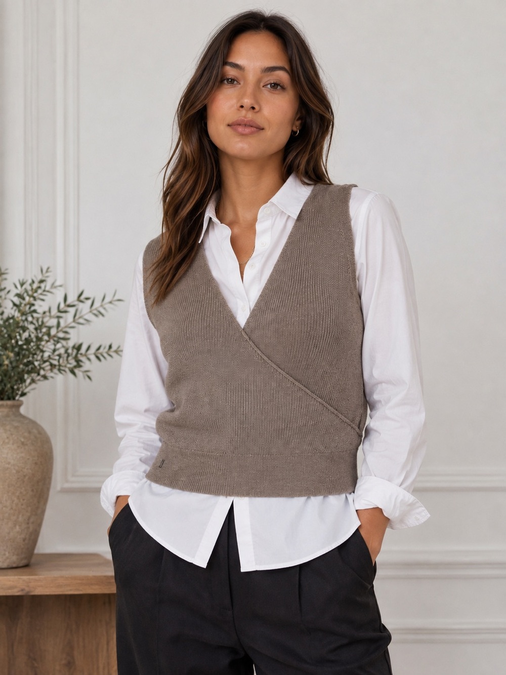Kit & Ace Extrafine Merino Wool Reversible Wrap Vest w/Hidden Zipper - Taupe